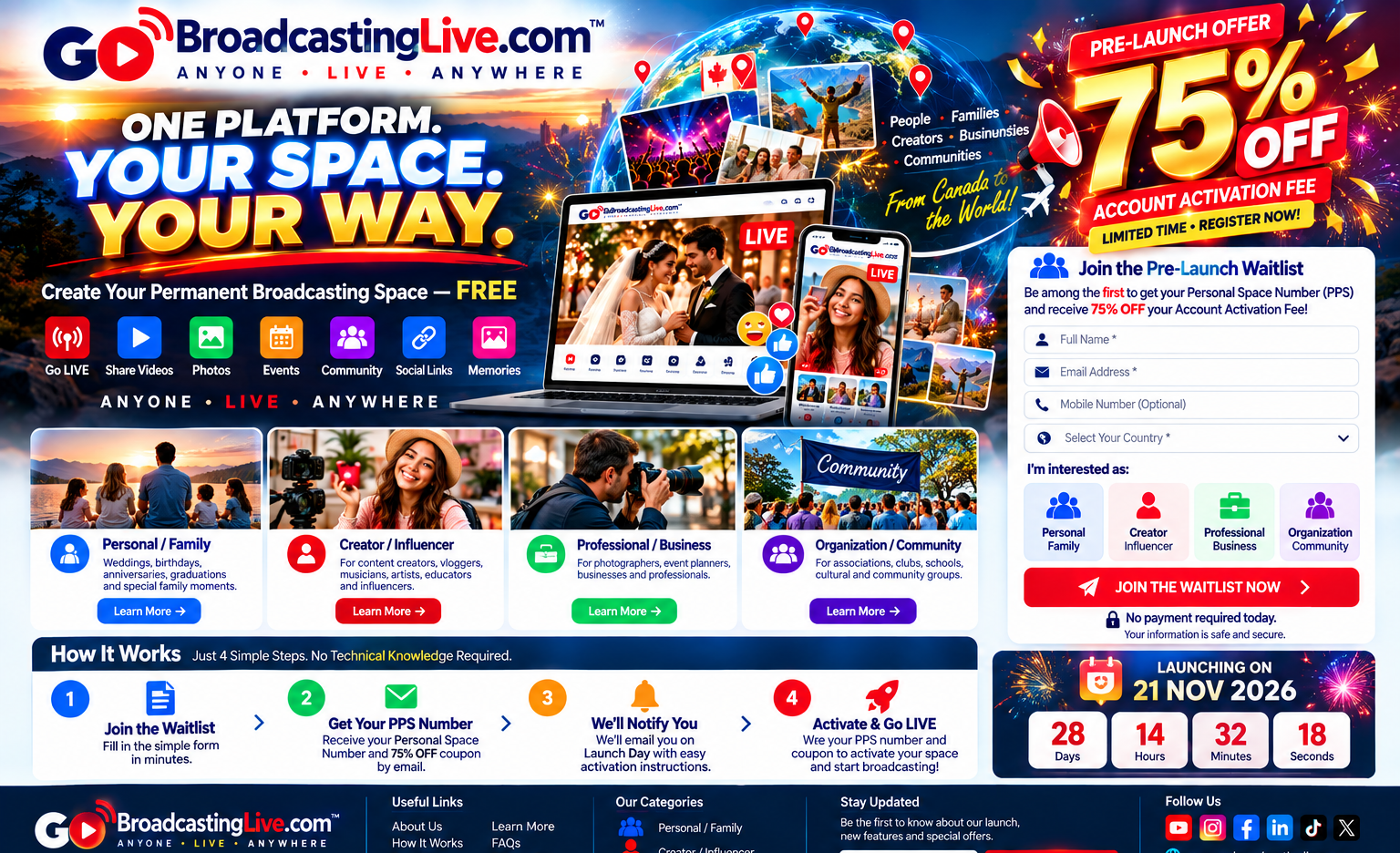GoBroadcastingLive.com pre-launch page: One Platform. Your Space. Your Way.